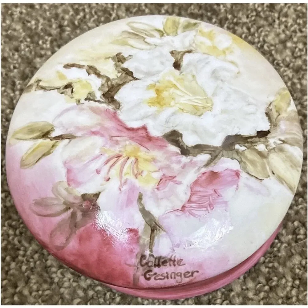 Vtg Porcelain Hand Painted Trinket Dresser Box Collette Gesinger Vibrant Pink Fl
